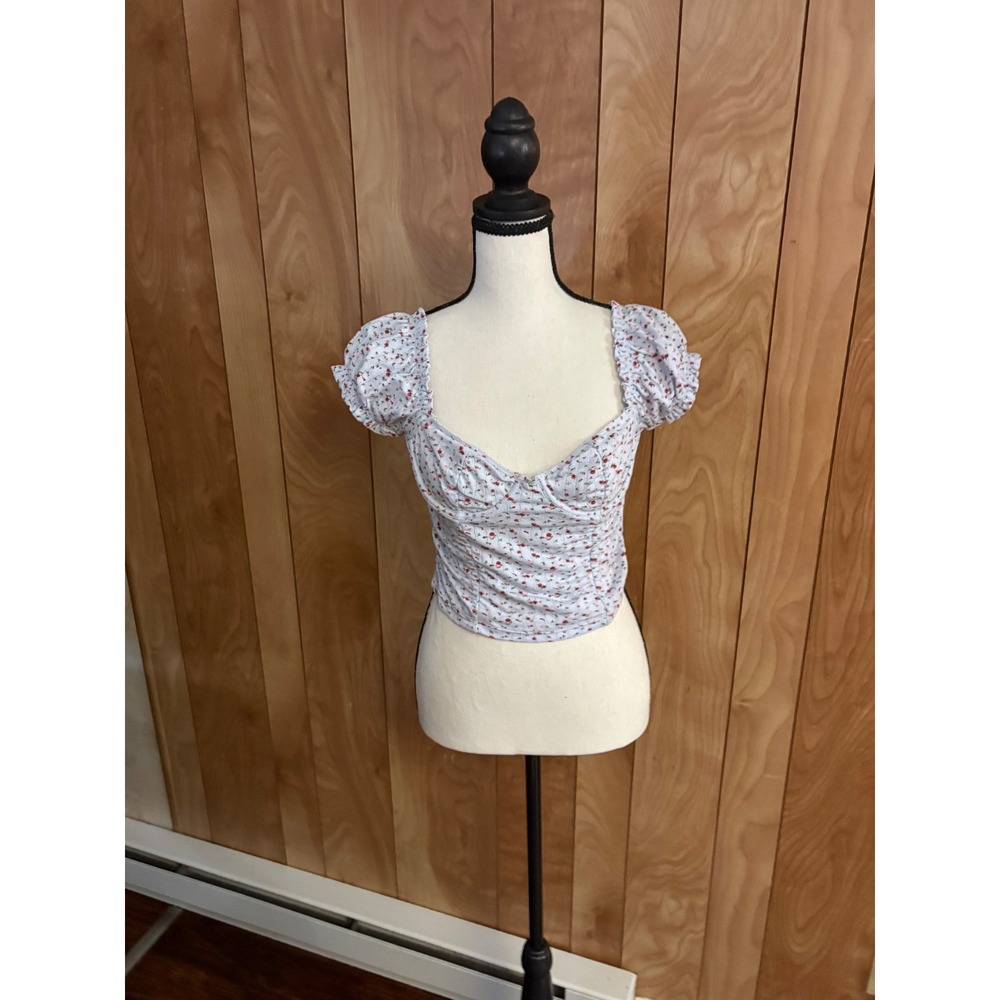 Tic Toc Women Blue‎ Floral Pointelle Puff Sleeve Milkmaid Crop Top Small Cotton